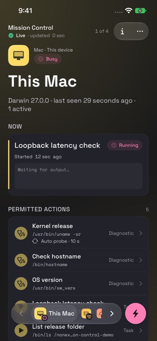 iPhone screenshot in dark appearance: a Mac with one action running and its saved actions listed below.