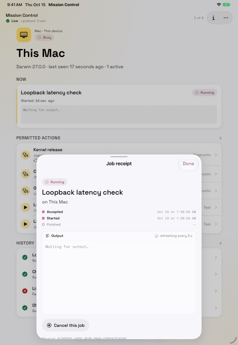 iPad screenshot: a job receipt for a running action, showing accepted and started times, live output refreshing every two seconds, and a Cancel this job button.